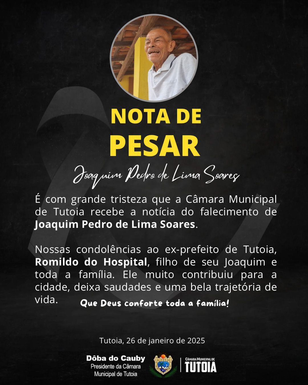 Nota de pesar pelo falecimento de Joaquim Pedro de Lima Soares 
