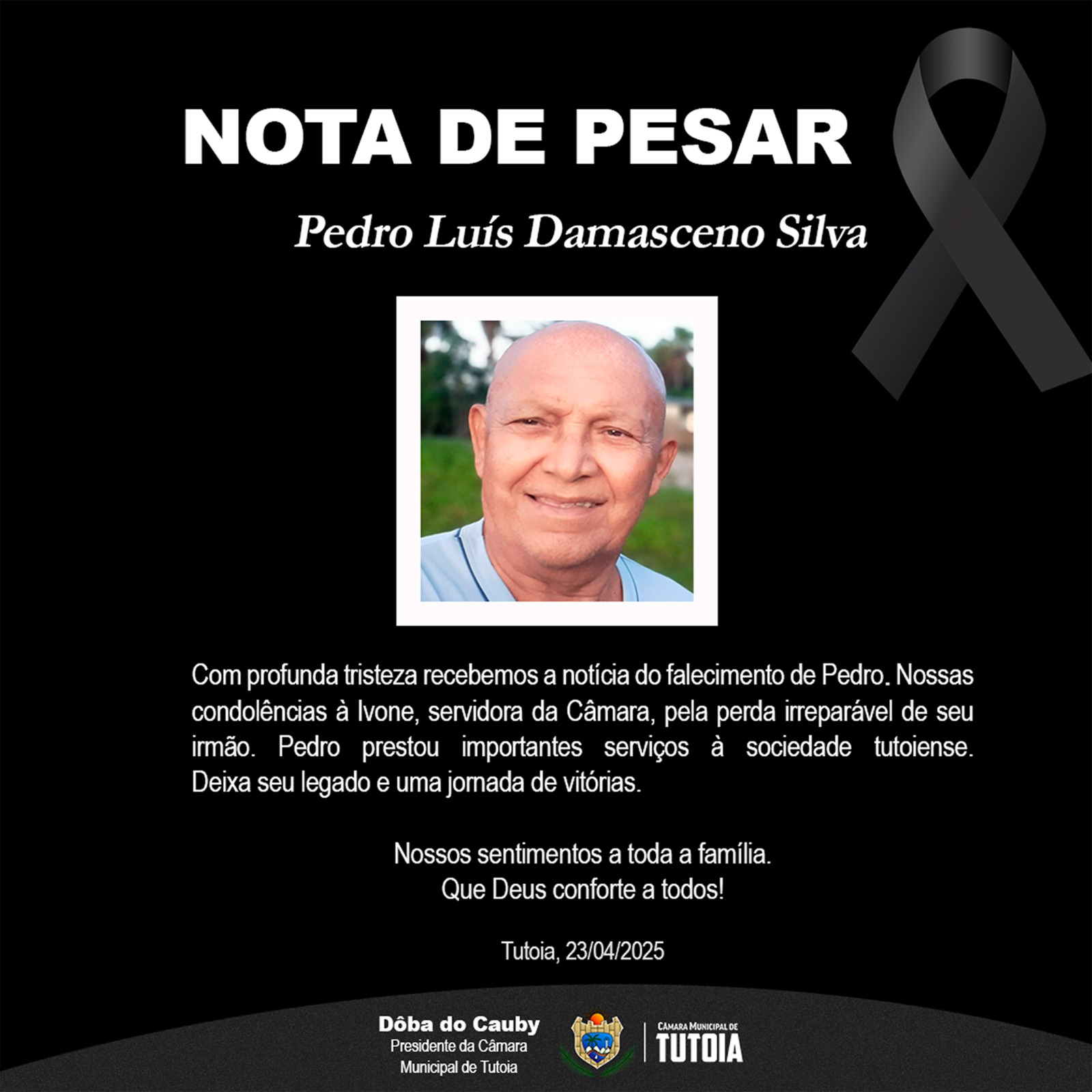 Nota de pesar pelo falecimento de  Pedro Luís Damasceno Silva