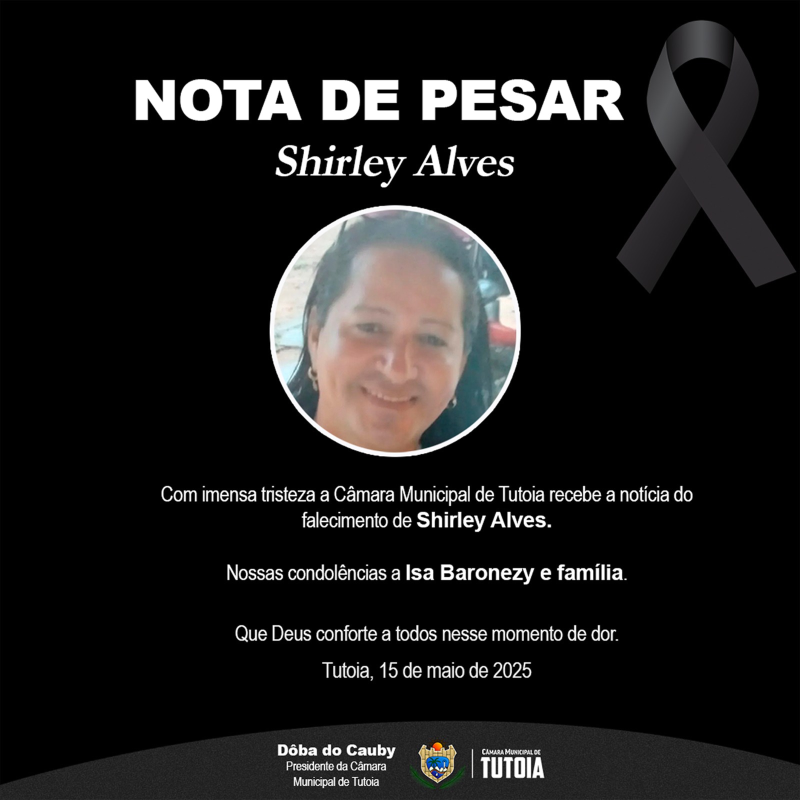 Nota de pesar pelo falecimento de Shirley Alves 