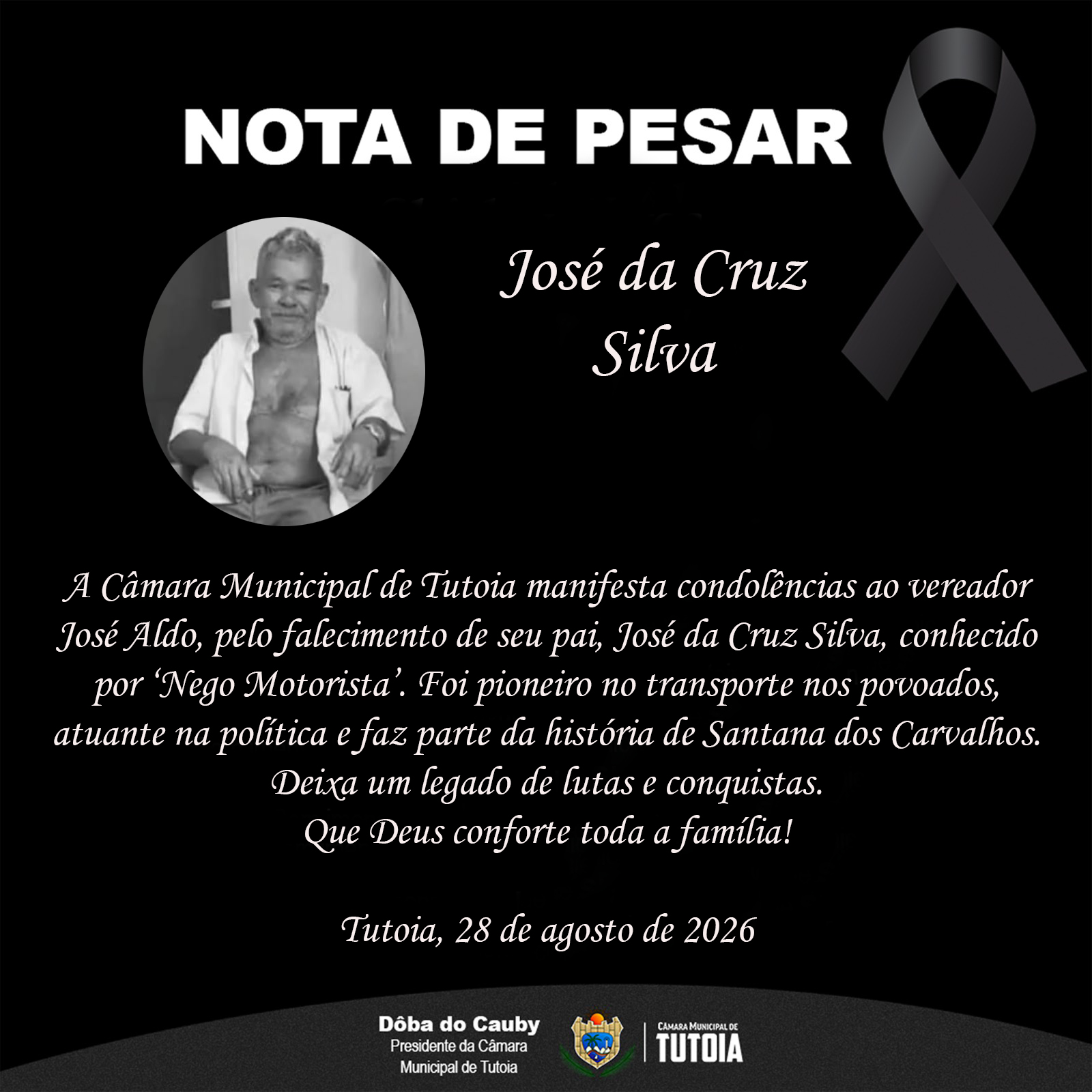 Nota de pesar pelo falecimento de José da Cruz Silva  