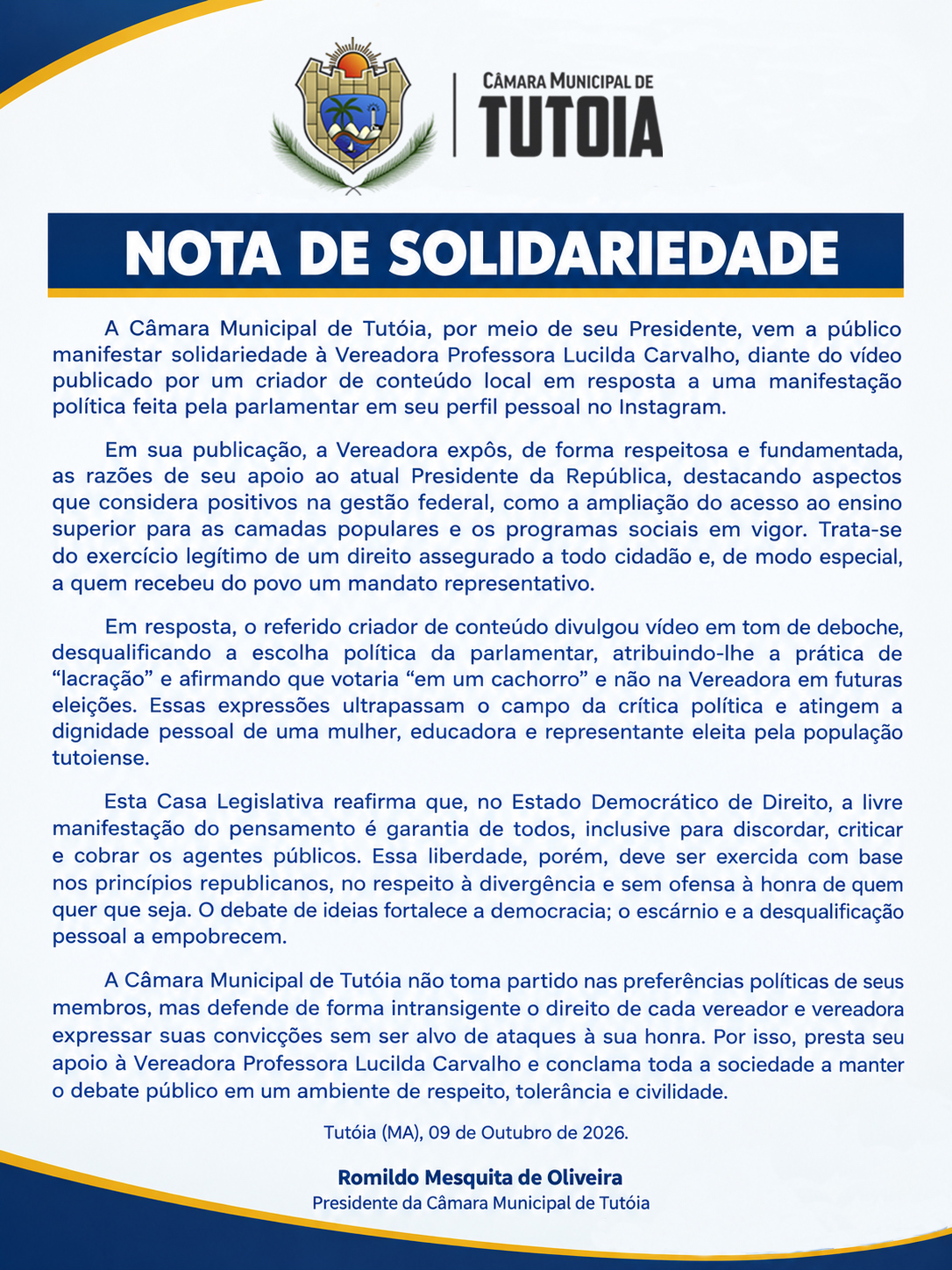 NOTA DE SOLIDARIEDADE À VEREADORA LUCILDA CARVALHO 